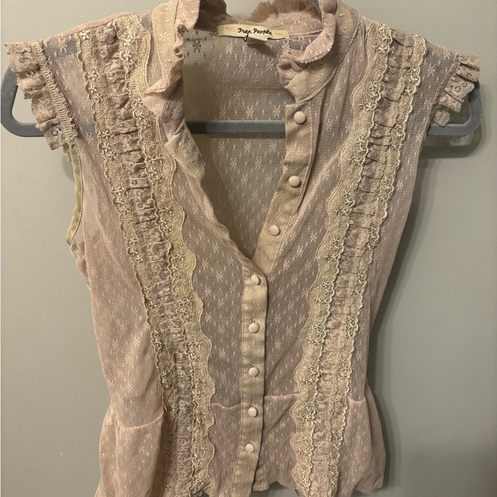 Free People Cream Cap Sleeve Ruffled Blouse